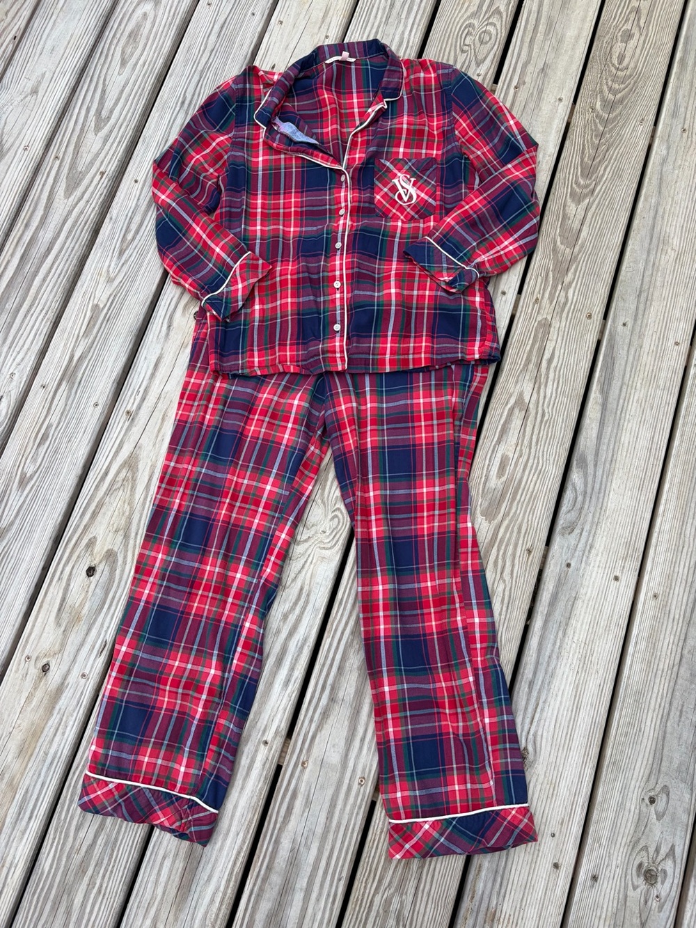 Victoria's Secret 2PC Long Sleeve Pajama Set Red Multi Plaid Flannel Size M EUC